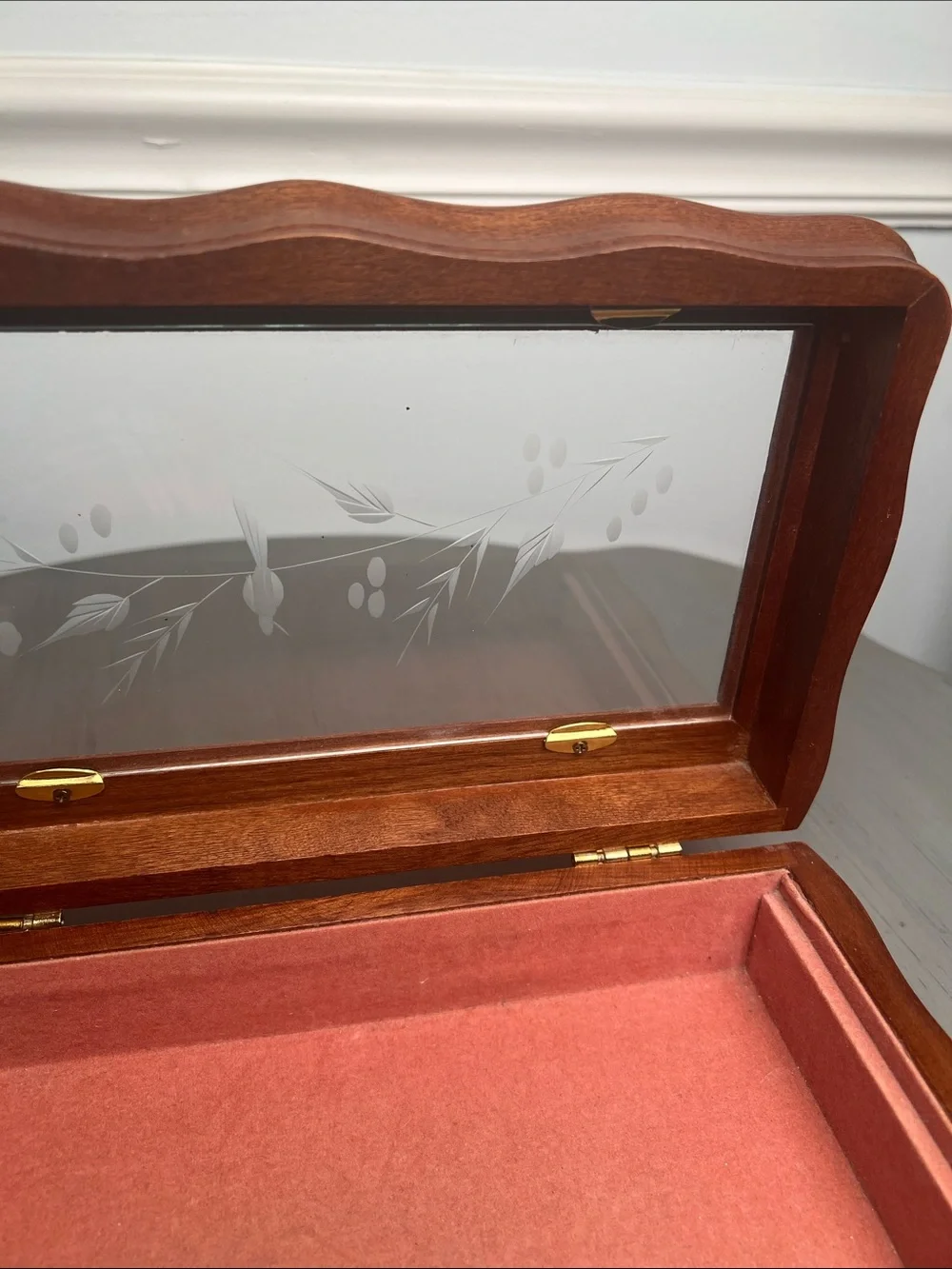 Vintage walnut etched glass jewelry/watch/treasure box. Beautiful curved lines.